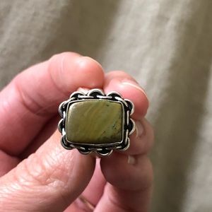 Rectangle green/brown stone silver ring size 7 3/4